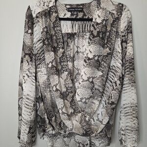 Catherine Melandrino Snake Print Blouse Top Deep V Neck Sz Small Balloon Sleeve